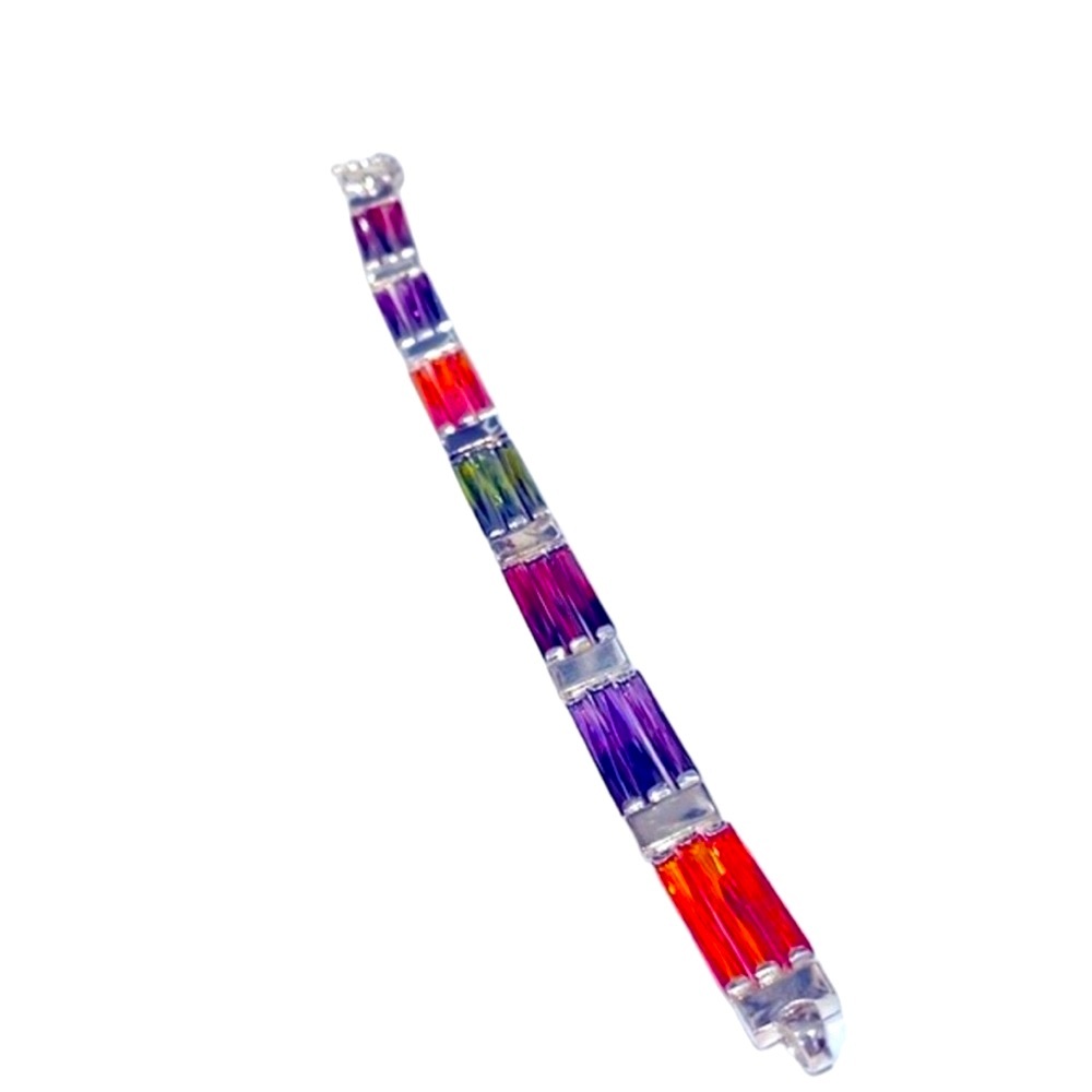 Silver and multicolored glass bracelet.